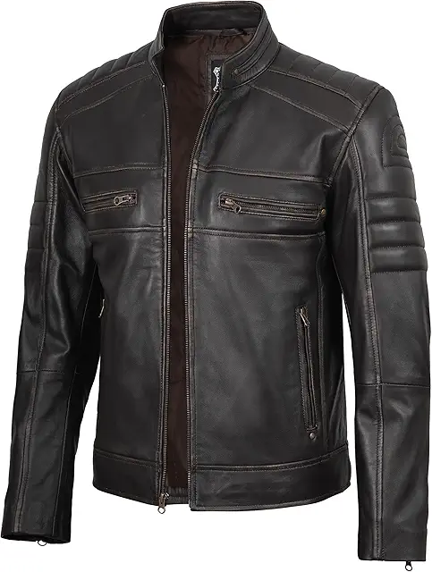 fjackets Cafe Racer Leather Jacket Men - Real Lambskin Natural Grain Leather Moto Style Jackets For Mens