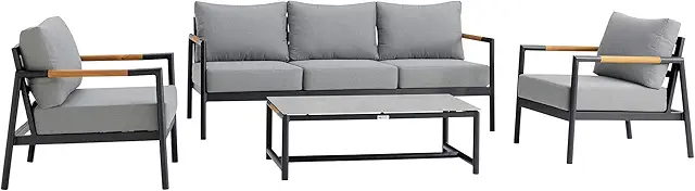 SETODCRBL Crown 4 Piece Black Aluminum and Teak Outdoor Seating Set with Dark Grey Cushions